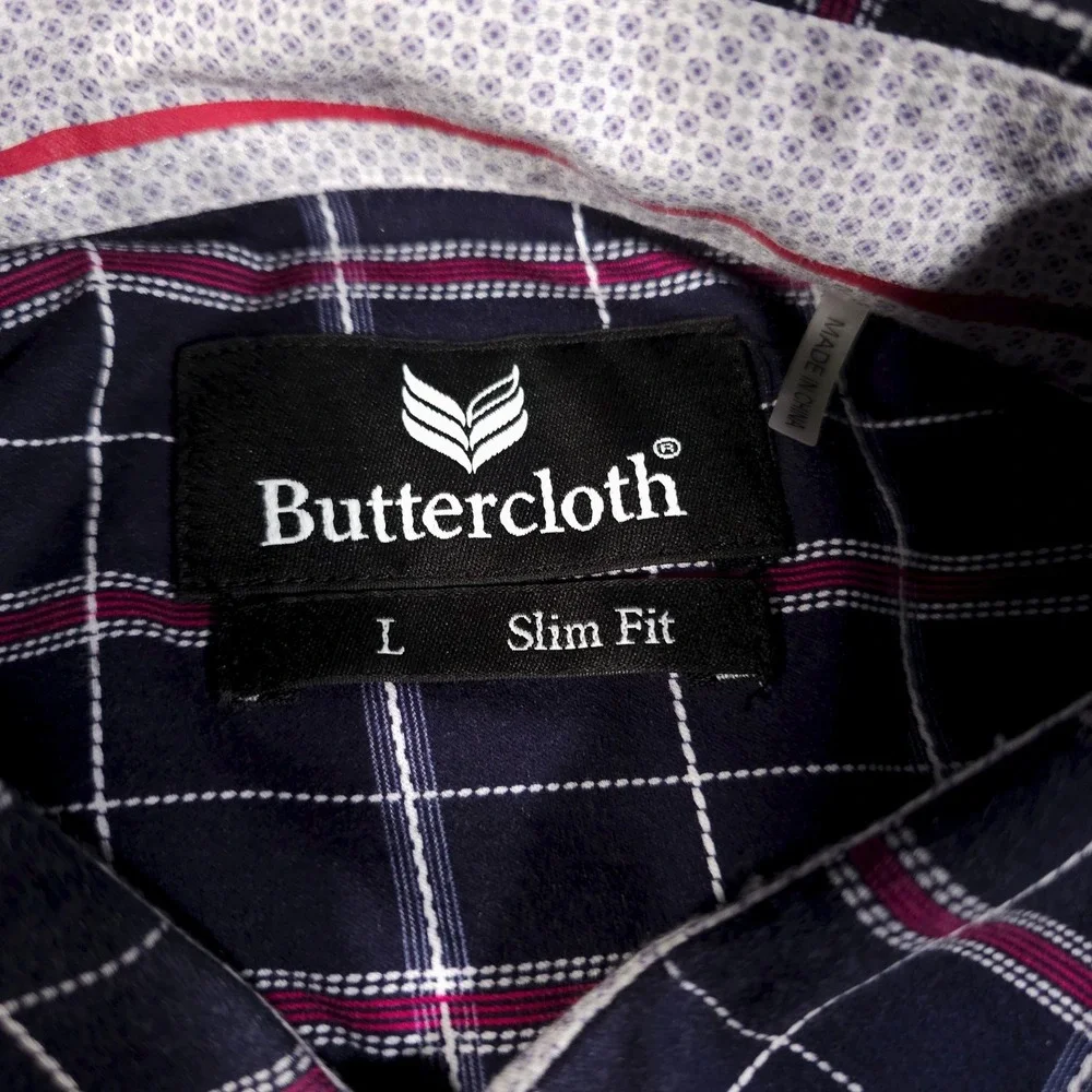 Butter Cloth Mens Large Long Sleeve Flip Cuff Geometric Shirt Red Blue Button Up